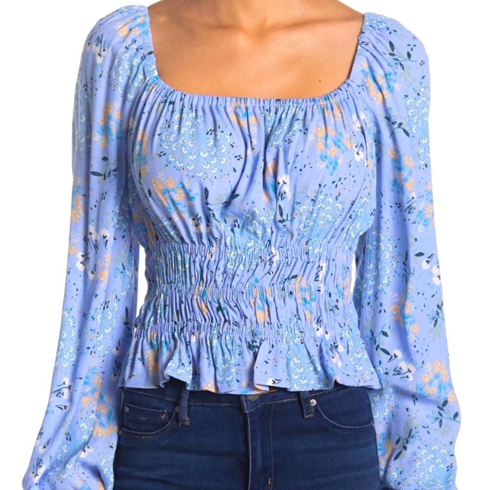 ASTR the Label Blue Floral Puff Sleeve Blouse